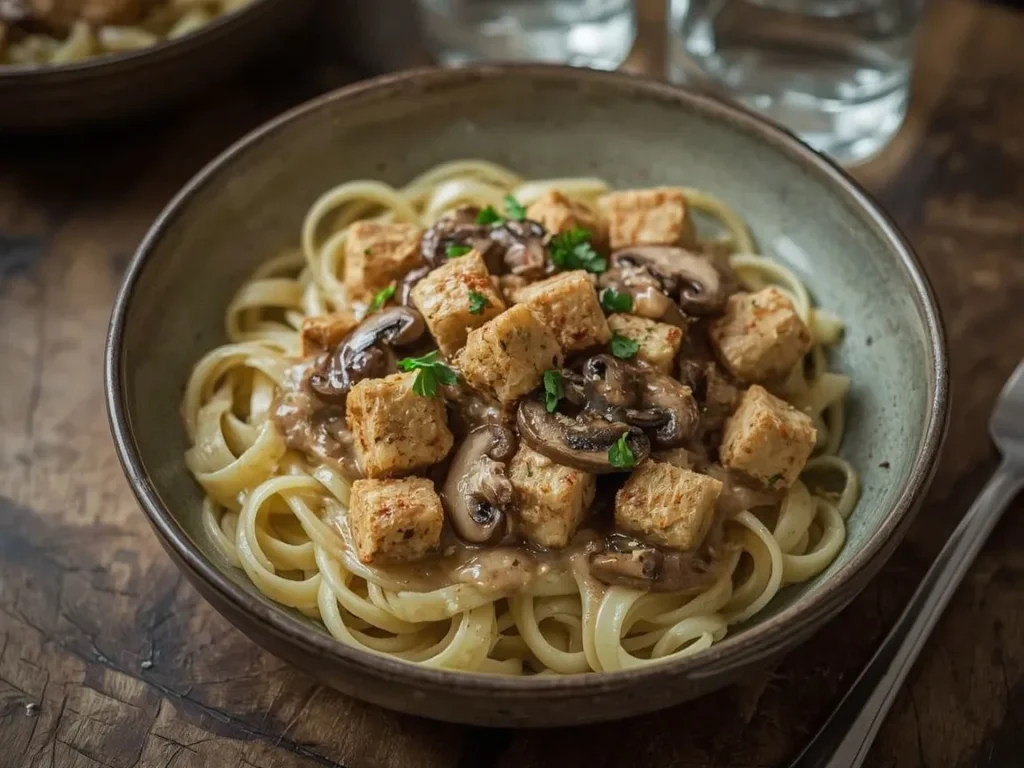 Tempeh mushroom stroganoff over wide egg noodles with parsley