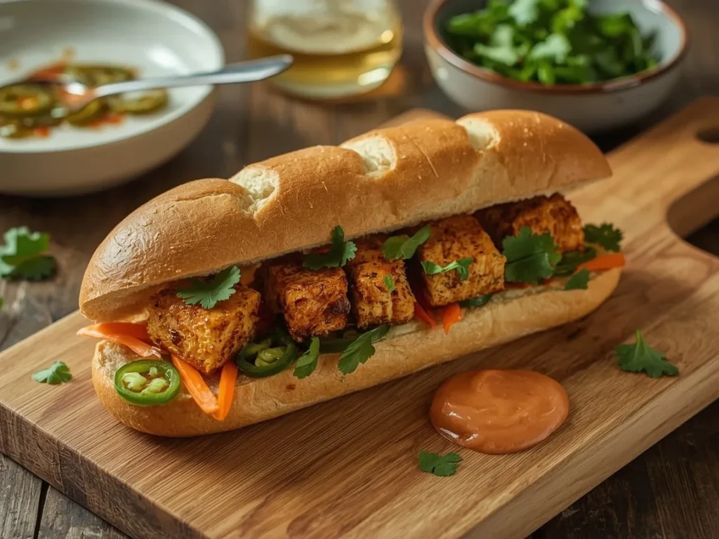 Tofu banh mi breakfast sandwich with pickled carrots, cucumber, jalapeño and cilantro
