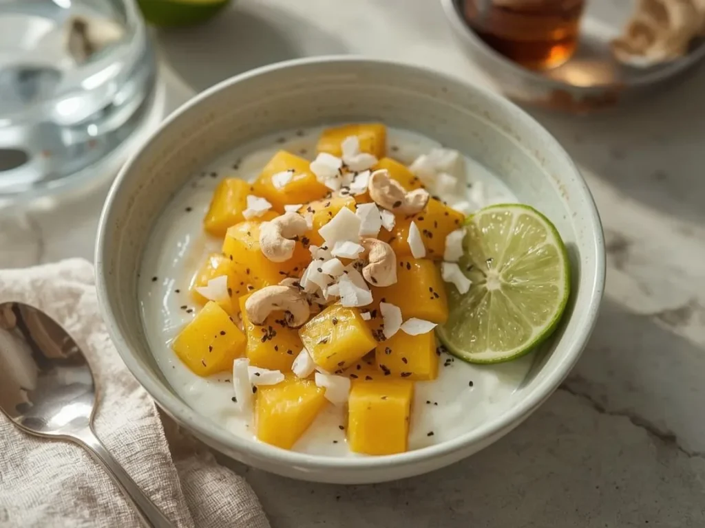 Tropical mango coconut Greek yogurt bowl with pineapple and cashews