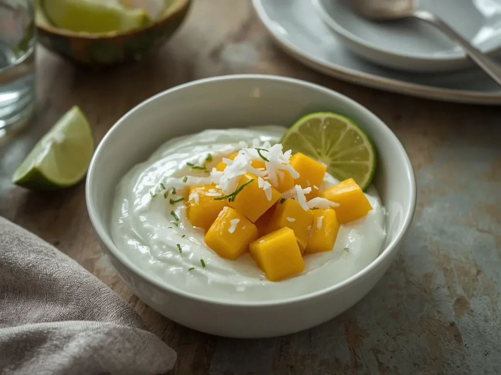 Tropical mango protein yogurt bowl with coconut and lime zest