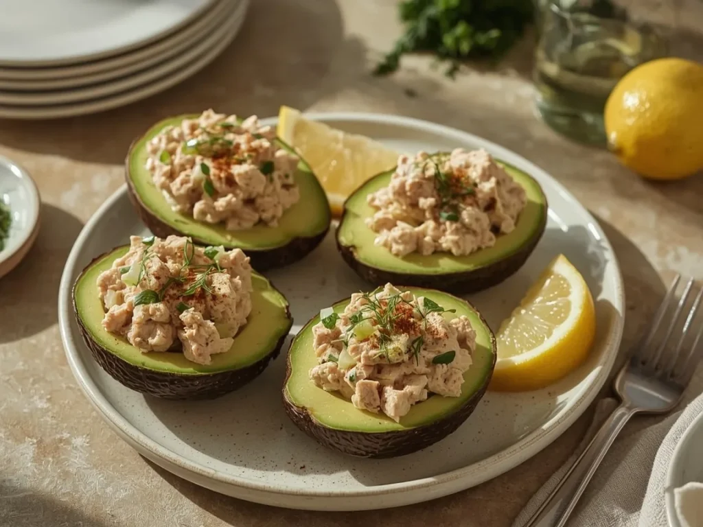 Tuna salad stuffed avocados sprinkled with smoked paprika