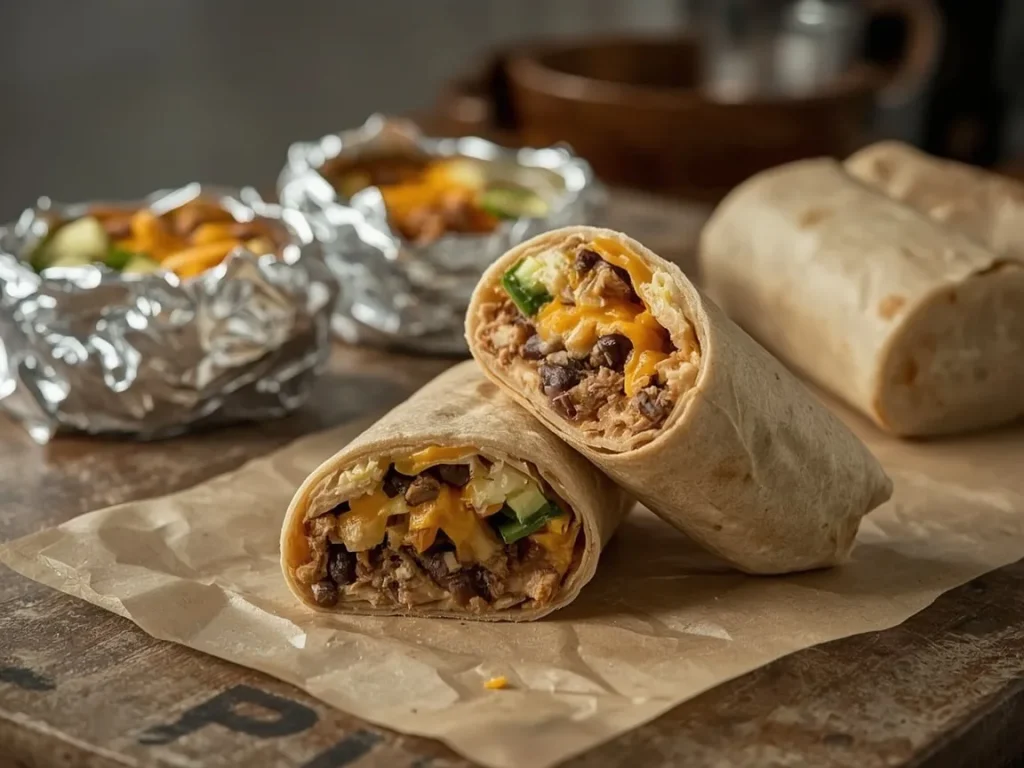 Turkey, black bean and egg freezer burritos with one cut open