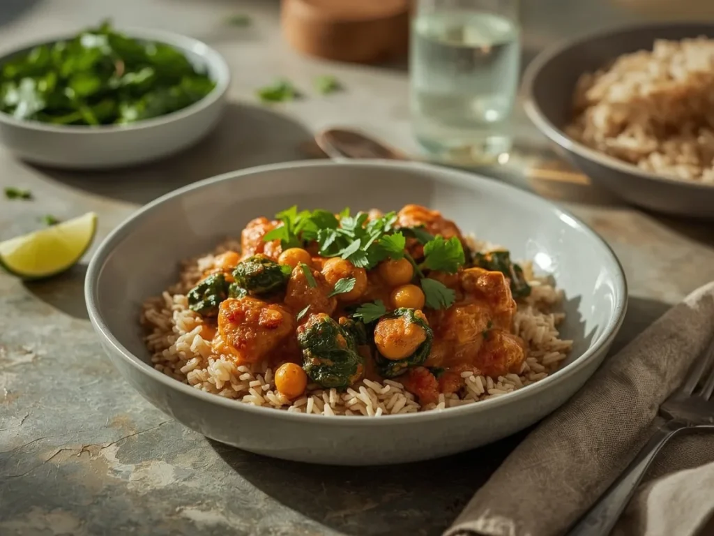 Turkey and chickpea curry with spinach served over brown basmati rice
