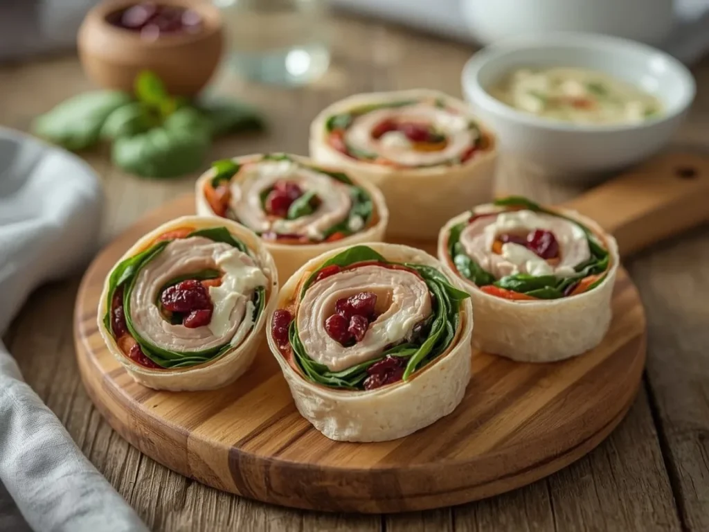 Turkey cranberry pinwheels with spinach and cream cheese on a wooden board