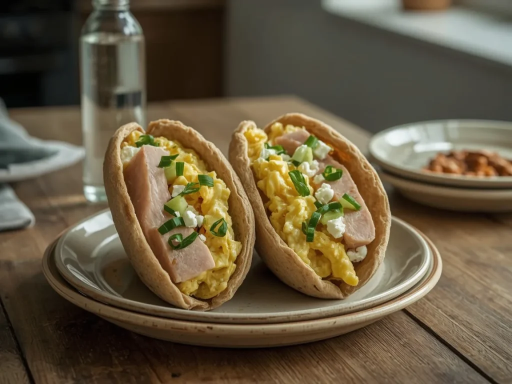 Turkey and egg breakfast pita pockets with feta and cucumber