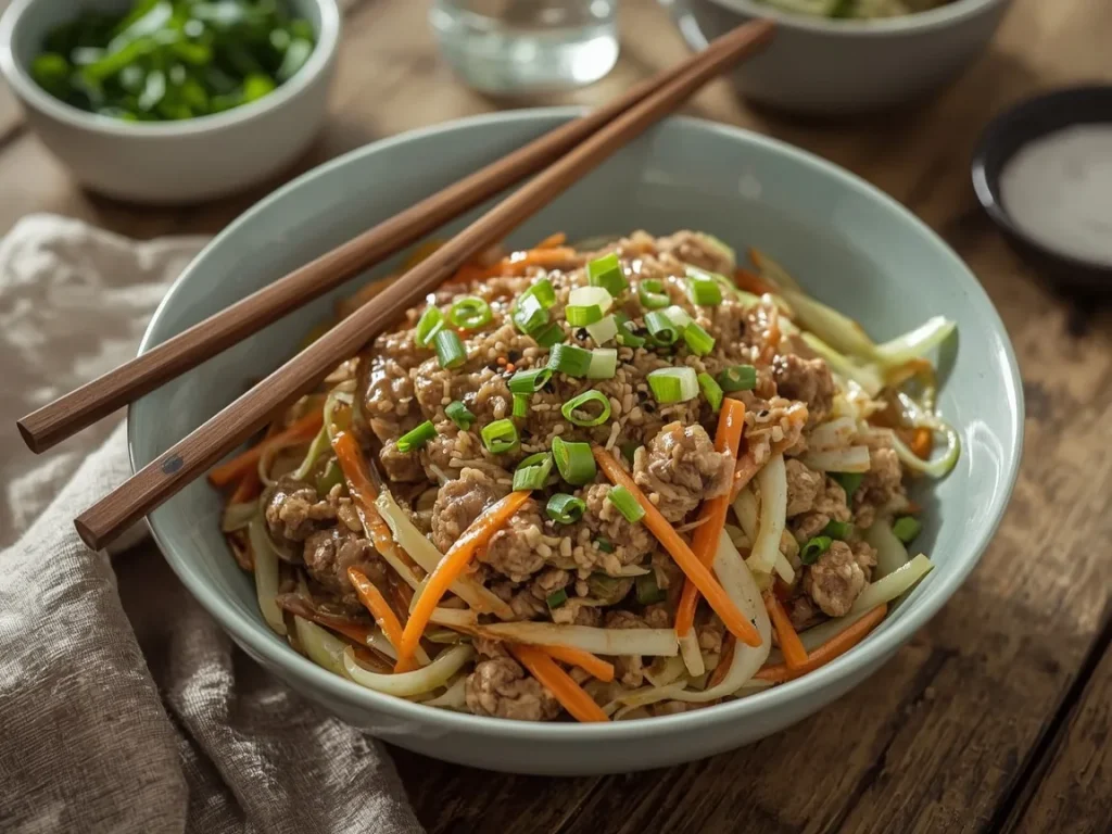 Turkey egg roll in a bowl with cabbage, green onions and sesame seeds