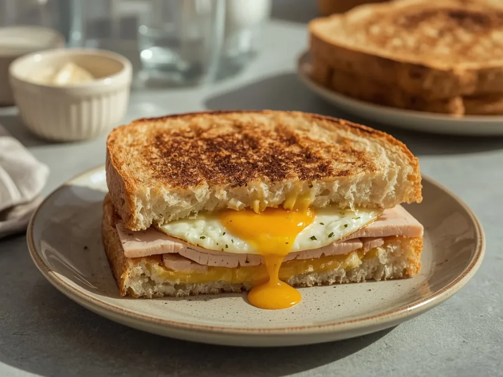 Turkey, egg and Swiss breakfast melt on sourdough