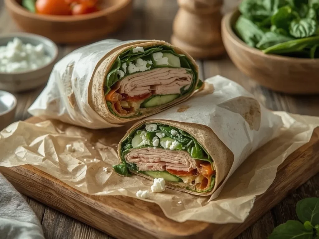 Turkey hummus breakfast wrap cut in half showing spinach, cucumber and feta
