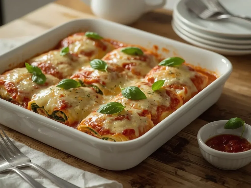 Turkey lasagna roll-ups with spinach and melted mozzarella in marinara sauce