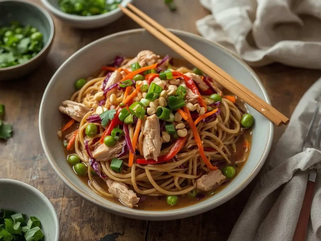 Turkey peanut noodle bowl with edamame, carrots, red cabbage and chopped peanuts