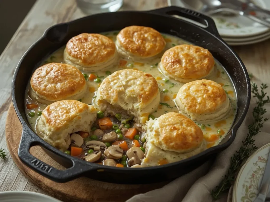 Turkey pot pie skillet topped with golden cheddar drop biscuits