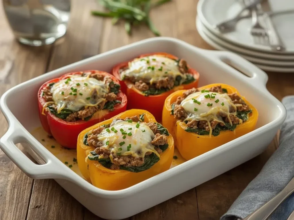 Turkey sausage and egg stuffed peppers topped with melted cheddar and chives