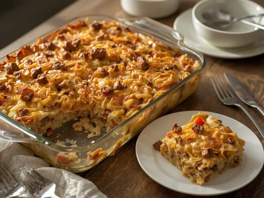 Turkey sausage hash brown breakfast casserole with melted cheddar
