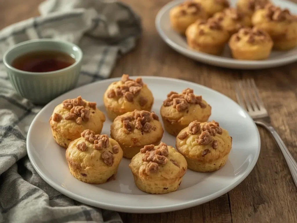 Turkey sausage pancake muffins with maple syrup for dipping