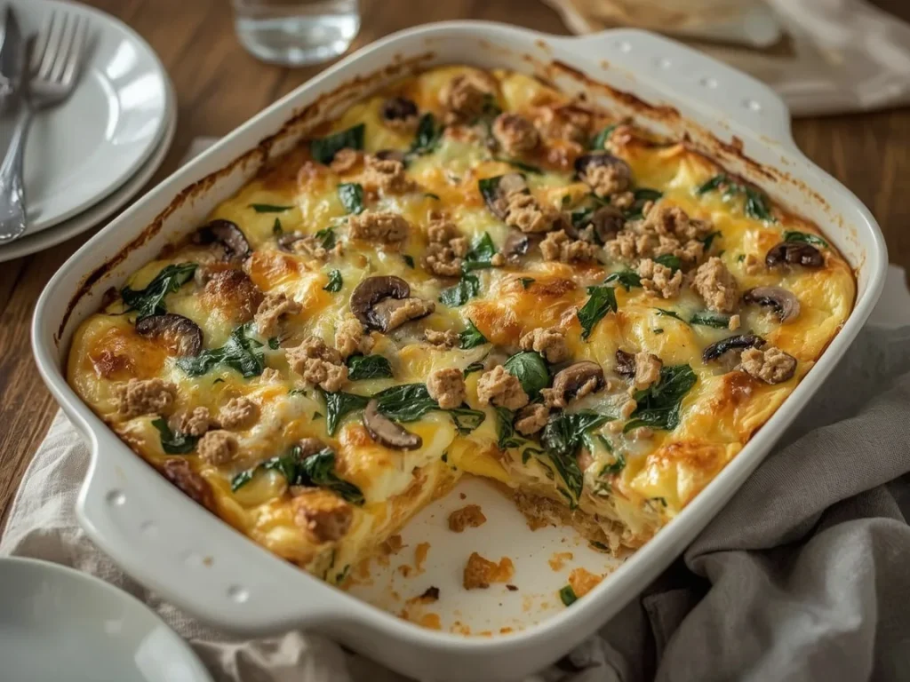 Turkey sausage, spinach and mushroom egg bake in a baking dish