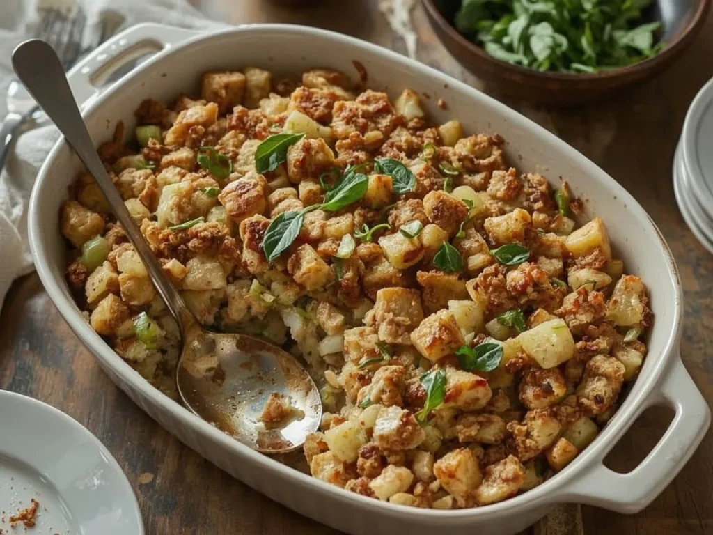 Herbed turkey sausage stuffing casserole with a crisp golden top