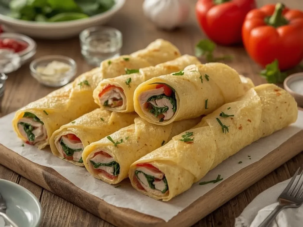 Turkey and Swiss egg crepe roll-ups cut into pinwheels