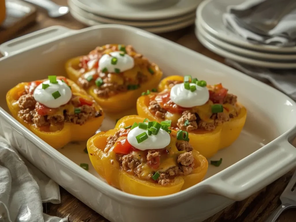 Turkey taco stuffed peppers topped with melted cheese and cilantro