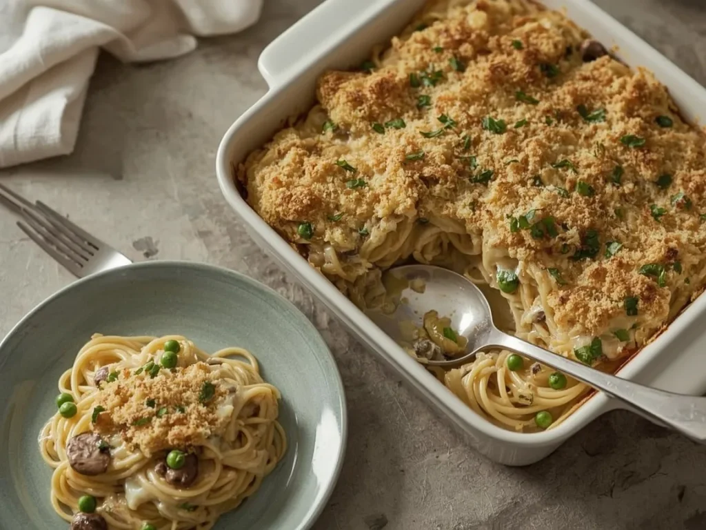 Turkey tetrazzini casserole with mushrooms and a golden Parmesan breadcrumb topping