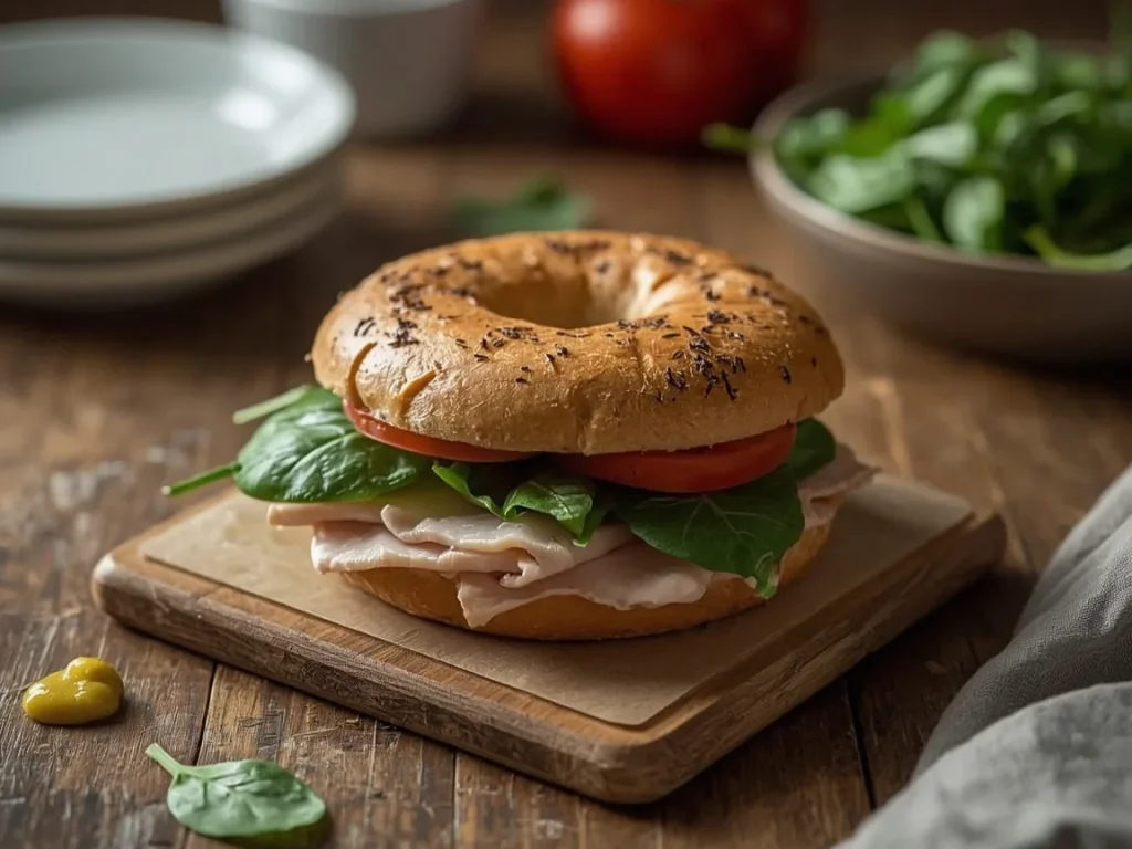 Turkey, tomato and mustard bagel sandwich with spinach