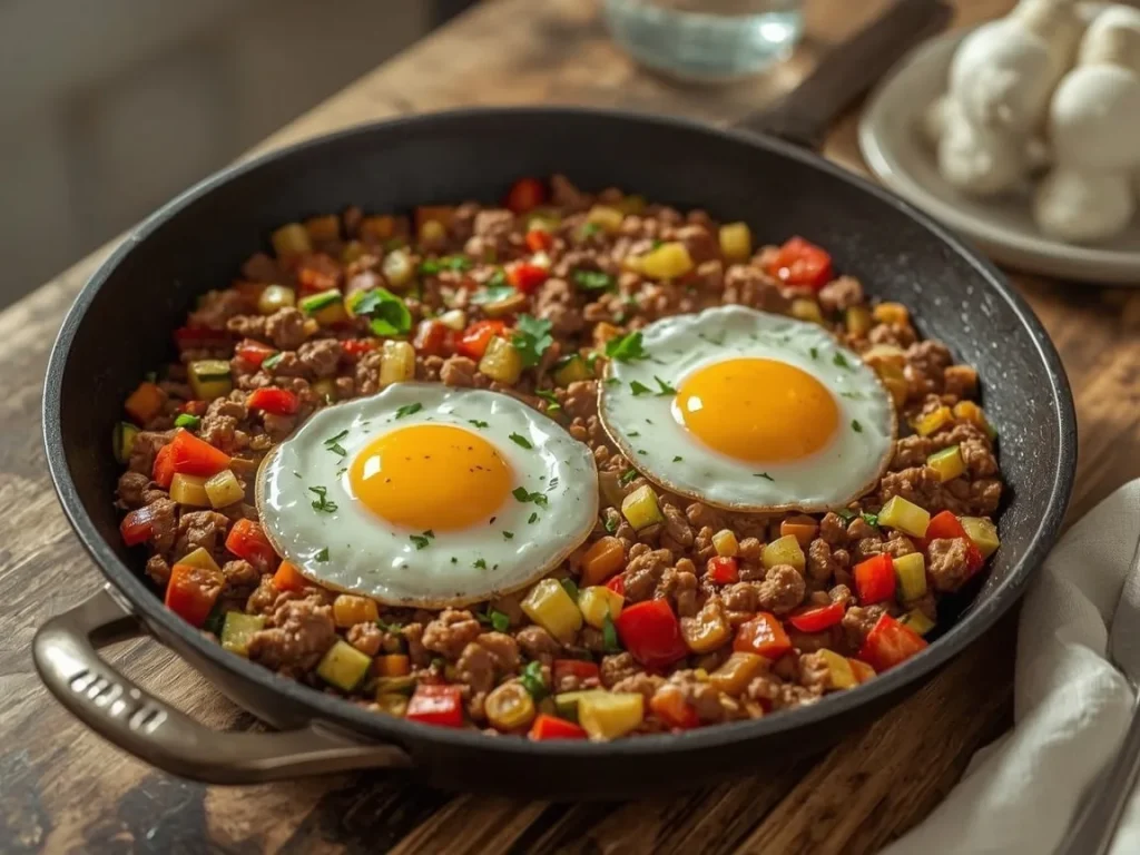 Turkey and zucchini breakfast hash with eggs in a skillet