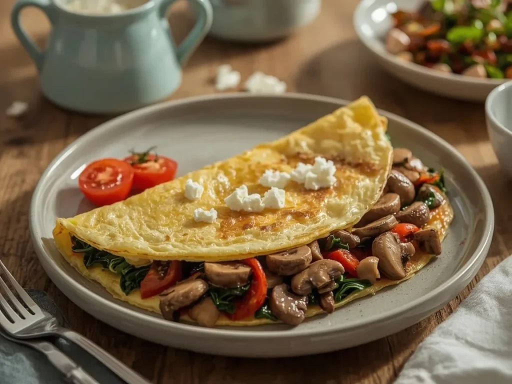 Veggie egg white omelet with mushrooms, spinach, peppers and feta