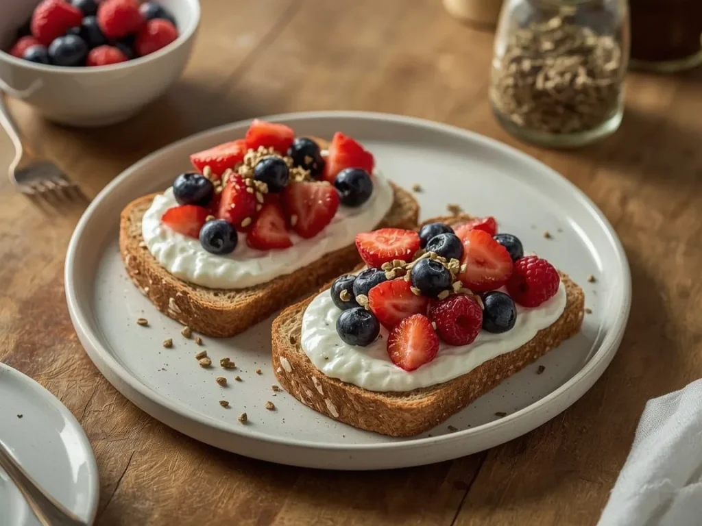 Whipped ricotta protein toast with berries, honey and hemp hearts