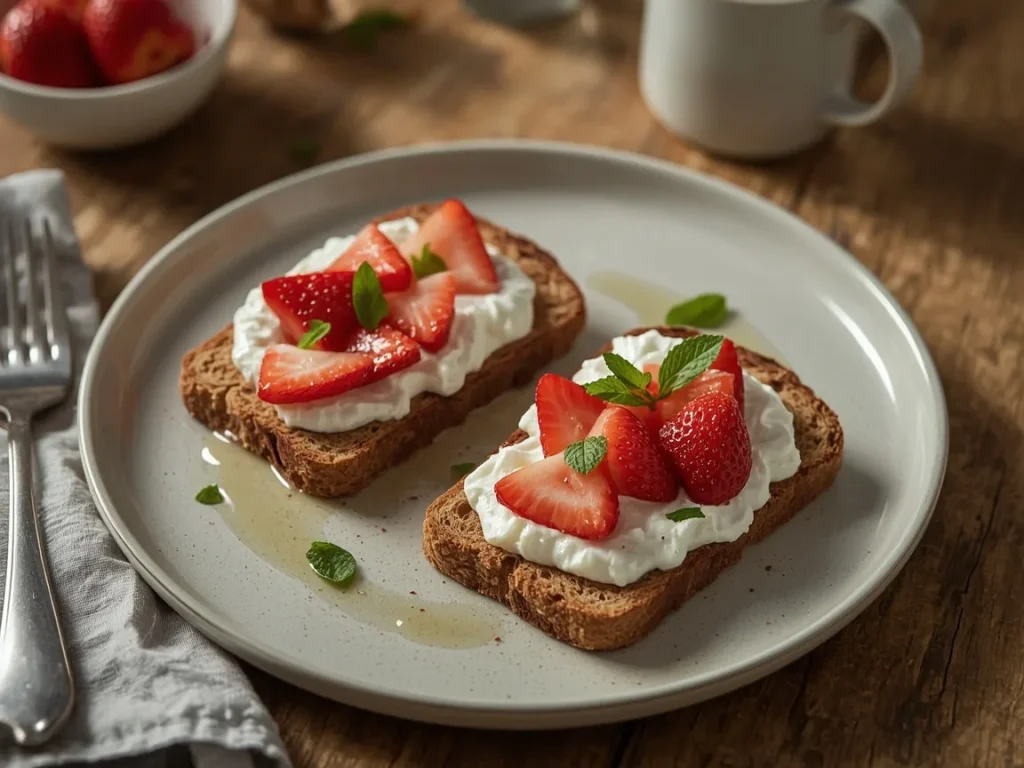 Whipped ricotta toast topped with sliced strawberries, honey and fresh mint