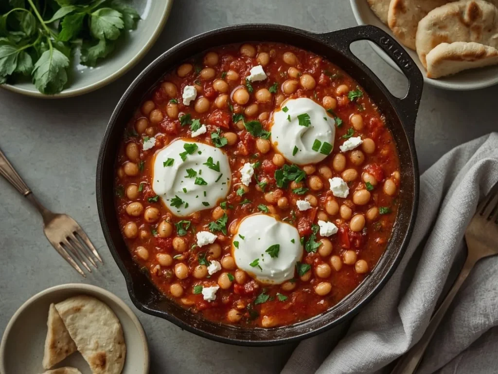 White bean shakshuka with feta, Greek yogurt and parsley in a cast iron skillet